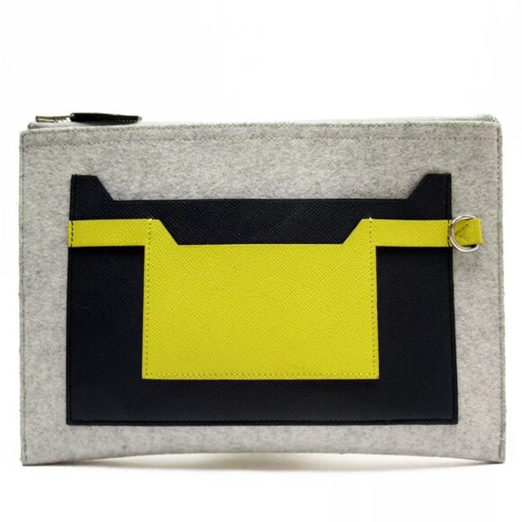 HERMES TooDoo Clutchbag gray x navy x yellow felt/VeauEpsom Leather - Picture 1 of 13